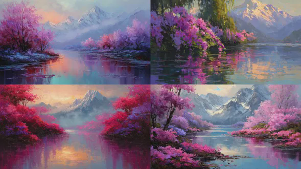 当代油画风格的壮丽风景，宁静的河流或湖泊反射着日落或日出的温暖光芒。河岸上，生机勃勃、繁花似锦的树木开着精致的粉色和紫色花朵，倾泻到水面上。背景中，雄伟的雪山拔地而起，部分被薄雾或薄雾遮蔽。场景应给人一种宁静和自然之美的感觉，具有现代油画特有的丰富的质感和表现力的笔触。关注光与影的相互作用以及水面的倒影