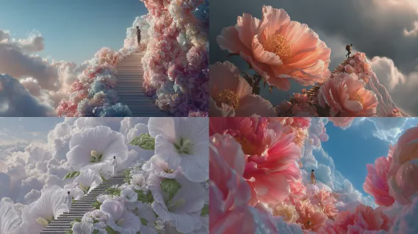 登山者攀登一座由巨大花朵组成的巨大山峰的真实照片，每片花瓣都闪烁着柔和的光芒，与旋云和飘逸的薄雾无缝融合，超现实的高级时尚编辑美学，梦幻而神奇的优雅，异想天开而又精致。这些花朵形成了一个向上的天然楼梯，阳光穿透云层，在花瓣、叶子、花粉和露水的微小细节上投射出闪闪发光的反射，强调了巨大的规模。戏剧性的视角显示登山者攀登到发光的山顶，超详细