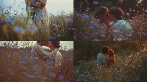 2010年代摄影，年轻的南欧情侣在矢车菊盛开的乡村田野中，自然流露的亲密姿态，手放在臀部，轻柔的亲吻，脸部部分遮挡，黄金时刻渐入黄昏，自然光，35毫米胶片质感，可见颗粒，轻微模糊，褪色且柔和的色彩，尘蓝色、暖赭石色，怀旧诗意的氛围，意大利乡村风景，电影化构图，浅景深