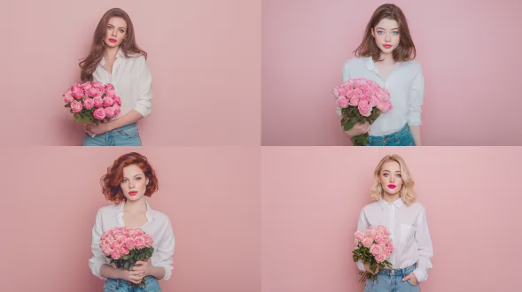 中景镜头，面向镜头，一位极其英俊、高挑、苗条、运动型身材、宽肩的25岁白人女子，有着蓝色的大眼睛、丰满的嘴唇，站立着，手持一大束粉红色玫瑰。穿着白色衬衫和蓝色牛仔裤，一只手拿着一大束粉红色玫瑰，背景是柔和的粉红色