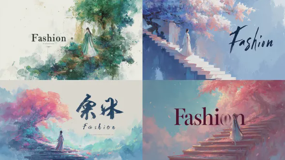 一幅数字艺术作品， featuring 粗体优雅花体字的“时尚”一词，背景空灵，色彩柔和，氛围迷人。底部有一位身着传统汉服的人物。场景包含一棵色彩斑斓的生命之树，周围环绕着通向另一个世界的漂浮台阶，营造超现实效果。该艺术作品非常适合时尚和品牌宣传材料或社交媒体帖子，风格为柔和色彩，高分辨率