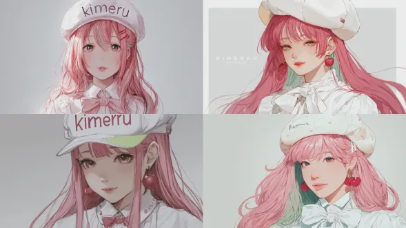 一个有着粉色长编发并带有浅绿色高光的可爱动漫女孩，戴着一顶写有“kimeiru”的白色贝雷帽，樱桃形状的耳环，红色发夹，穿着带有蝴蝶结的白色衬衫，表情温和，笔触柔和细腻，柔和的调色板，干净的浅灰色背景，电影般的柔和光线，高细节，水彩纹理的插画风格