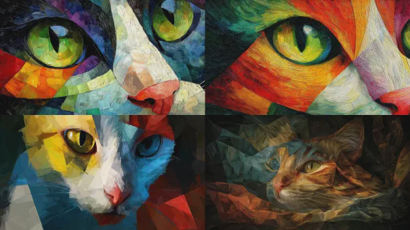 一只猫咪以毕加索风格变形，充满超现实创意，色彩丰富鲜艳，油画质感厚重，精准绘制，抽象几何构图，立体主义，明亮多色块，生动趣味，广角镜头，戏剧性侧光，动态扭曲，艺术插画，情感欢快