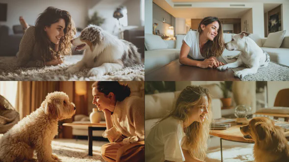 真实欧洲女子与狗玩耍，客厅内现代简约，柔和自然光，桌子旁互动，快乐表情，浅色家居，尼康相机，广角镜头，高分辨率，温馨色调，自然阴影，生动动态，日常场景，舒适氛围，细节丰富，暖色滤镜，生活化瞬间，平静情感，柔和对比。