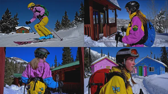 一张专业的生活方式品牌营销照片，拍摄的是一位迷人的23岁女性在滑雪小屋外滑雪，她戴着头盔和护目镜，采用后四分之三视角展示全身以及女孩的背部