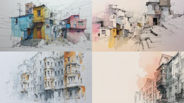 黑色墨水与水彩画风格描绘贫民窟的街道，色彩淡雅的小屋，冷色调并细化线条细节。构图通过光影强烈对比及冷暖色调运用来定义。背景为白色，风格类似理查德