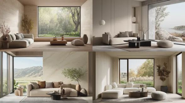 一个具有简约室内设计的现代客厅。一面大窗户，搭配米色纯色无缝高压层积板墙面、一张沙发和一张咖啡桌。阳光透过窗户洒落，营造出宁静的氛围，采用极简装饰和中性色调。家具线条简洁，营造出整体的宁静感