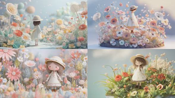 一个可爱的女孩穿着白色连衣裙和帽子，站在一片花田中，采用柔和的配色方案，以微型、小世界风格的卡通场景呈现。该艺术品使用 3d 粘土材料创作，具有哑光纹理和等距视图。这是一个 c4d 渲染，具有高分辨率细节和柔和、梦幻般的氛围。