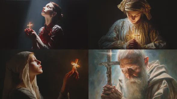 超现实主义油画，照片级细节，电影光效，杰作。一个在祈祷中宁静的人物，沐浴在神圣的光芒中，睁开双眼迎接神圣的启示，轻轻地捧着一个发光的十字架。公元前200年。