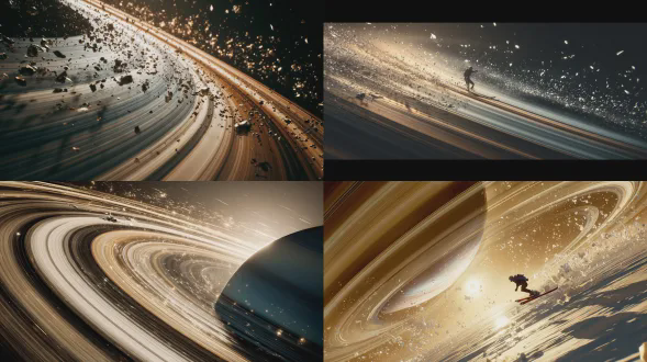 一幅电影般的广角镜头，描绘了一位未来主义滑雪者在土星冰环上滑雪，冰粉飞溅，低重力跳跃，巨大的土星以金色和米色条带占据了整个背景，远处有星星，动态动作镜头，照片写实，8k，虚幻引擎5风格。