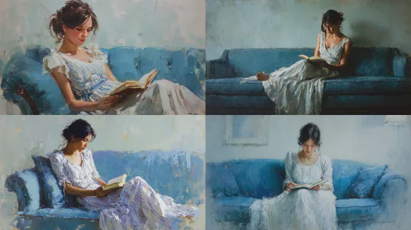 一幅宁静的女子坐在蓝色沙发上读书的油画，中景构图，柔和和谐的面部特征，柔和自然的肤色，平静沉思的表情，眼睛低垂看向书本，深色头发松散束起，垂落的米白色连衣裙带有细微蓝色条纹，温暖的落地灯在她脸上和肩膀投下柔光，简约室内搭配纹理浅蓝墙壁，印象派风格，笔触松散，边缘柔和，精致优雅的氛围，亲密永恒的氛围