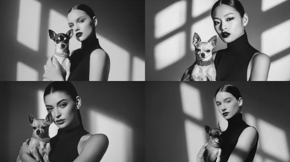 超高级时尚黑白工作室肖像，一位优雅的女士抱着一只小吉娃娃犬。女士有锐利对称的面部特征，强烈的凝视，雕刻般的颧骨，大胆的深色口红，以及光滑的深色头发紧紧向后拉，有干净的中分。她穿着一件无袖高领黑色吊带衫，带有光滑的缎面质感。吉娃娃很小，警觉且被精心打理，戴着精致的宝石项圈，自信地抱在她怀里。光线是戏剧性的高对比度工作室灯光，有强烈的定向阴影，电影明暗对照风格。背景是简约且抽象的，有几何光影形状，现代编辑美学。风格：奢华时尚摄影，vogue编辑风格，永恒优雅，简约构图。黑白单色，超锐焦点，浅景深。超逼真，照片级真实，8k分辨率，工作室品质，完美的皮肤纹理，精细细节，专业时尚拍摄
