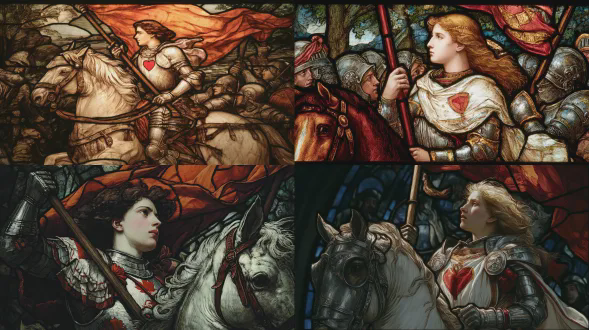 彩色玻璃窗户中的圣女贞德，身着其标志性的白色与红色长袍，上面带有红心纹章，骑着装甲战马，同时高举着一面旗帜，周围环绕着倒下的士兵，风格类似詹姆斯 蒂索，运用戏剧性光线，是特写肖像且呈现动态动作姿势，风格类似让 - 莱昂·热罗姆和约翰·辛格·萨金特