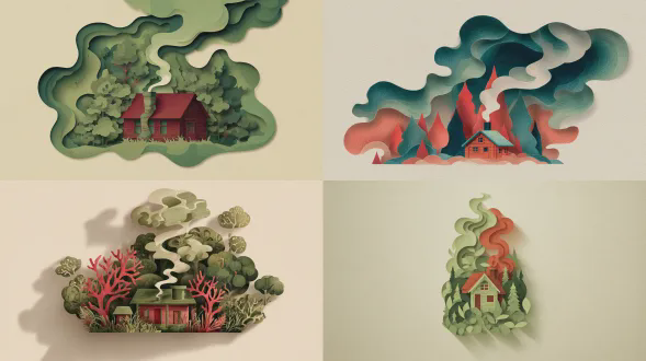 森林小屋的层叠纸雕插画，炊烟袅袅，由柔和的苔藓绿和樱桃红的重叠形状构成，手工制作的纹理，层间微妙的阴影，干净的矢量边缘，居中位于亚光奶油色背景上，异想天开的现代视觉叙事。