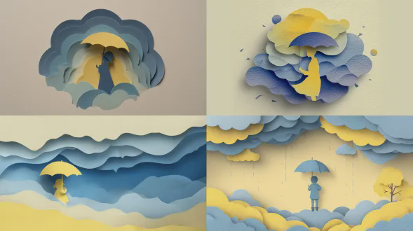 一把雨伞下在雨中的孩子的层叠纸雕插图，由柔和的钢蓝色和柠檬黄的重叠形状构成，手工制作的纹理，图层之间微妙的阴影，干净的矢量边缘，居中于哑光奶油色背景上，异想天开的现代视觉叙事。