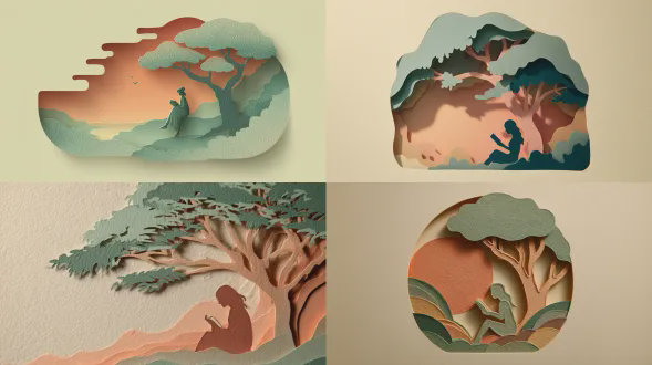 一位女孩在树下阅读的分层纸雕插画，采用柔和鼠尾草绿和日落桃色的重叠形状构建，手工制作的纹理，图层之间微妙的阴影，干净的矢量边缘，居中于哑光奶油色背景上，异想天开的现代视觉叙事