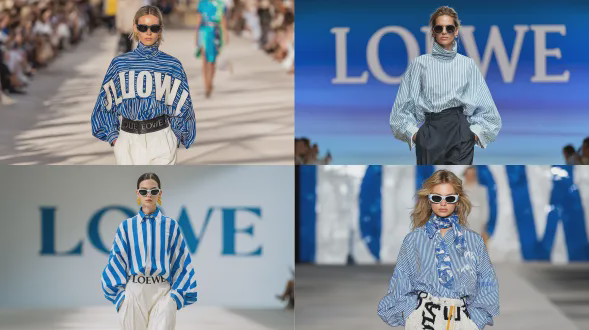一位戴着墨镜、穿着黑色阔腿裤的女性模特，身着蓝白条纹的超大衬衫，走在t台上，展现罗意威的夏季风格，风格类似吉尔桑达。她有夸张的高肩领，宽大的泡泡袖和圆形袖口。手臂下方有品牌名称文字展示