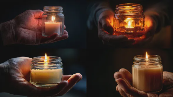 手持玻璃罐中蜡烛的手部特写肖像，暖光塑造皮肤纹理，背景全黑，玻璃上微小的反射，火焰高光受控，亲密的静谧夜间肖像，尼康 z8，85mm，f/1.8，1/125s，iso 3200，wb 2300k，仅火焰的眼神光，浅景深