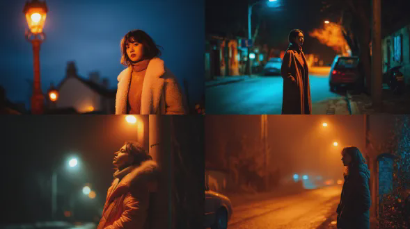 一位年轻女士站在橙色路灯下，她的外套被琥珀色的光芒温暖，而她身后的街道则消融在冰冷的蓝色阴影中，夜晚在温暖的存在和凉爽的缺席之间轻轻呼吸，电影般的温度对比夜景摄影，佳能 eos r5，85mm，f/1.8，1/160s，iso 2000，wb 3200k，低调照明，浅景深