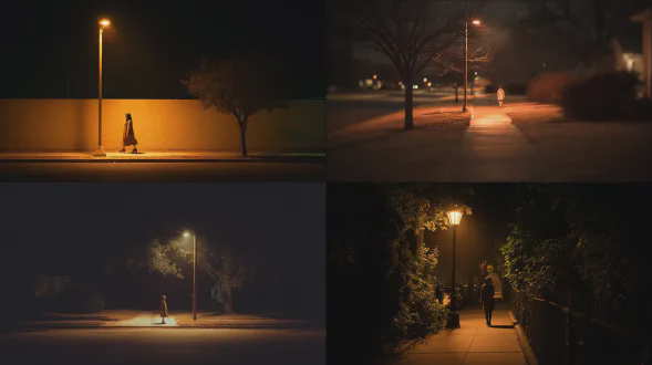 一个孤独的女人走在唯一的路灯下，她的脸被柔和的光线勾勒，人行道渐渐消失在黑暗中，温暖的钠光与凉爽的夜间阴影形成对比，电影般的低调照明，浅景深