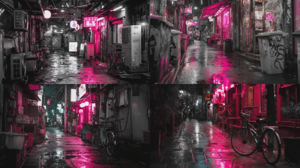 雨水浸润的霓虹小巷，品红色光芒锐利地反射，而场景的其余部分则褪为冷酷的单色，色彩作为叛逆的都市夜景摄影，sony a7r v，50mm，f/1.8，1/160s，iso 5000，wb 4400k