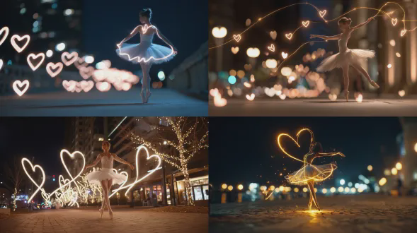 一位发光的灯光芭蕾舞演员沿着夜空中的城市小道翩翩起舞，她的动作轻盈而富有诗意。精致的心形灯光漂浮在她的上方，在空中留下闪闪发光的轨迹，温暖的散景、柔和的景深、微妙的动作营造出一种充满情感和平静的梦幻氛围。这种电影视觉融合了奇幻、浪漫和灯光艺术，捕捉了转瞬即逝的瞬间，运动变成了感觉，光讲述了一个无声的故事
