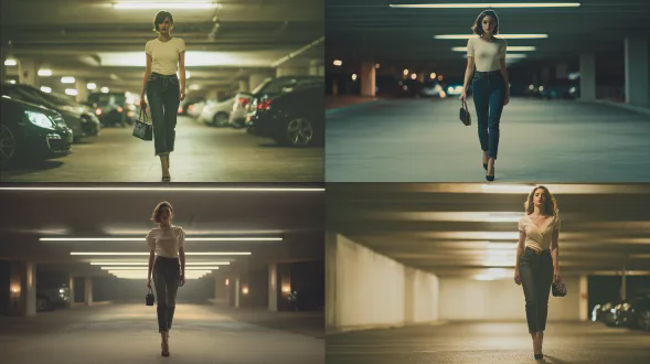 超写实奢华时尚大片，安娜·德·阿玛斯迈步走向镜头，手臂自然摆动，眼神专注，狗仔抓拍感。 场景：地下停车场，灯带纵深，长景深。 服装：奶油色短款上衣，深色牛仔牛仔裤，黑色细高跟。 配饰：小型绗缝手提包，极简珠宝。 氛围：真实，强大，明星气场。 风格：街头时尚+《vogue》混合。 图像质量：8k，平衡锐度，微妙胶片颗粒。 灯光：环境光+柔和主光。 色彩分级：中性电影色调。 相机：单反，85mm，f1.8。 参数：9:16，步数50，cfg 8.0。 负面：摆拍姿势，人工辉光。