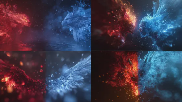 分屏设计左侧红色火焰与魔鬼主题右侧蓝色冰雪与天使主题，3d渲染超现实风格电影灯光高品质细节，魔鬼狰狞天使宁静，对比色温冷暖色调对称构图景深效果，动态火焰冰晶粒子特效戏剧性氛围史诗感。