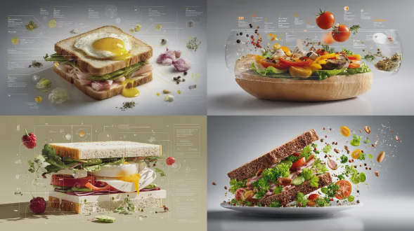 以视觉上吸引人的成品形式展示三明治——切片、电镀或分份——在透视或角度视图中略微浮动。以动态的编辑布局围绕菜肴安排食材、步骤和技巧，而不仅限于自上而下。成分部分：包括每种成分的图标或迷你插图以及数量。将它们排列成簇、列表或循环流，在视觉上与盘子相连。步骤部分：用编号的面板、箭头或线条显示准备步骤，围绕主菜形成逻辑流程。包括有用的小烹饪图标（刀、平底锅、烤箱、定时器）。附加信息（可选）：总卡路里、准备/烹饪时间、份量、香料含量——显示为菜肴附近的干净气泡或徽章。视觉风格：编辑信息图与生活方式食品摄影的结合。充满活力、自然的食物颜色、微妙的阴影、干净的矢量图标、现代的排版、柔和的渐变或台阶面板的玻璃形态。强调色可以突出显示关键信息（卡路里、准备时间）。构图指南：以完成的饭菜为主角视觉效果（透视或角度）。食材和步骤在菜肴周围动态流动。清晰的视觉层次结构：菜肴 > 步骤 > 配料 > 可选统计数据。足够的负空间可以保持设计的通透性和可读性。灯光和背景：柔和、自然的工作室灯光。最小的纹理或渐变背景，带来优质的编辑感觉。输出：1080×1080，超清晰，社交推送优化，无水印”