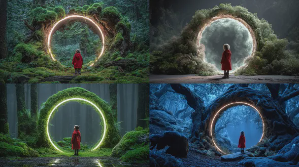 一个穿着红色外套的小女孩站在发光的森林门户前，古树形成超现实的自然幻觉环，生物发光的苔藓和柔和的神奇光线，梦幻般的神秘森林氛围，记忆和内心世界的象征，高级幻想超现实墙壁艺术