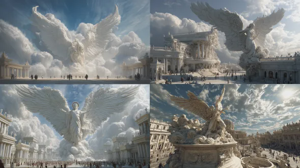 一座天使的大理石雕像，中间张开翅膀，从后面和周围形成的波浪状云朵上方升起。背景是华丽的建筑，四面八方都有人走过。照片写实风格，超写实主义，高分辨率，古典文艺复兴风格。