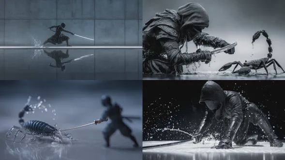 神秘黑忍者手持银剑对峙玻璃水蝎子，高端混凝土禅宗庭院，现代极简背景，对称构图，低角度拍摄，广角镜头，戏剧性侧光，高对比度，冷色调，动作凝固，水花飞溅，紧张氛围，神秘感，单色点缀，细节特写，动态模糊。