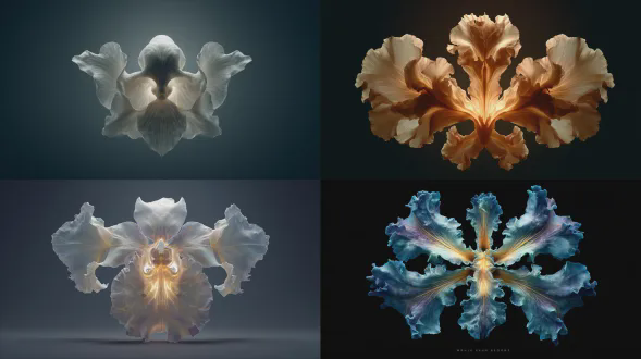 盛开的象征性花朵，花瓣形成抽象的女性解剖形状，纯粹植物性和非性的，灵感来自兰花和莲花，柔和的有机对称，中心深邃的内发光，细腻的纹理，微距摄影风格，超详细的花瓣，电影般的柔和灯光，深色中性背景，高对比度，花朵周围的负空间，尊严感，保护性和弹性，超现实，8k，浅景深