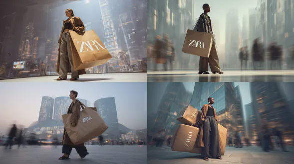 一个未来感场景，有一个穿着时尚zara服装的高度逼真模型。模型穿着黑色短款上衣、超大号棕色西装外套和高腰阔腿牛仔裤。她左肩上挎着一个特别大的zara购物袋。这个袋子夸张地超大，提手搭在她肩上，使得袋子相比模型显得巨大。袋子应由牛皮纸制成，“zara”标志用粗体简洁的白色字体，在袋子的中性色背景上格外显眼。模型穿着黑色凉鞋，为她的穿搭增添了简约感。她身处城市环境，背景是时尚的反光玻璃建筑，反射出现代高科技城市氛围。光线应突出模型的身形，与超大的袋子和未来感城市背景形成戏剧性对比。背景略有模糊，长曝光效果显示远处人群和车辆的移动，增强动态和未来感