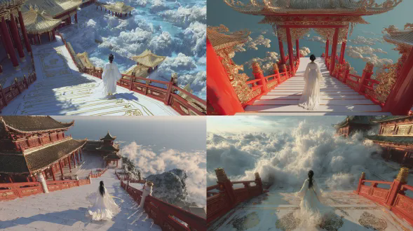 广角、高空、斜角俯视全景，东方仙女风格，超写实cg渲染，镀金晨光光影。一位东方仙子（背影，全身，轮廓清晰，梳着古典高髻发型，身穿素白长袖衣裙，衣袖随步飘扬，缓缓走下仙宫的白玉台阶，位于台阶中央），前景为千步宽的白玉仙梯（梯面镶有淡金云纹，两侧有红漆栏杆，雕有卷轴状仙人图案，向纵深延伸），背景是一座雄伟的鎏金宫殿大殿（飞檐山墙直入云霄，红墙覆满琉璃瓦），楼梯两侧，有淡蓝色的云朵缭绕，下方云海汹涌澎湃，云朵之中，隐隐可见墨绿色的山峰。整体大气磅礴、空灵，镀金色调明亮。 32k超高清画质，超写实cg风格，东方奇幻美学，画质细腻，细节清晰无噪点。
