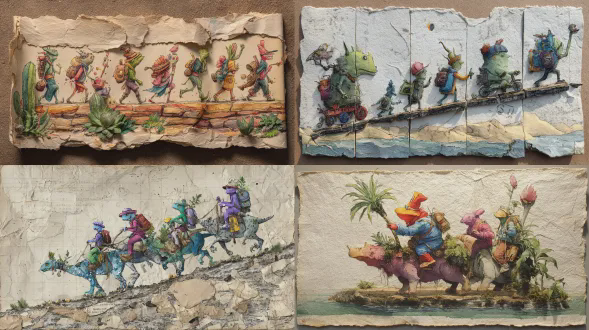 一张精美的多面板图像小说页面照片，采用独特的 3-d 风格创作，使用混合媒介、胶带、金属丝、植物、胶水、轻木、岩石、泥土、沙子、水、铅笔画、油漆、水彩和剪贴画，贴在老化的、损坏的纸张和其他有趣的表面上，描绘了一群异想天开的奇幻生物在装饰着难以理解的艺术品的超现实景观中旅行的冒险经历。对话是字形、数学符号和随机物体图像的彩色集合。