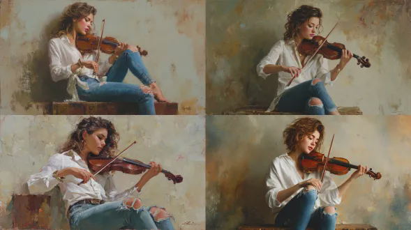 超写实肖像：一位年轻女子拉小提琴，坐在粗糙的木块上。她有一头自然卷曲的中长棕发，蓬松柔软，肤色温暖，妆容精致专业，眼睛轮廓分明，嘴唇自然。她穿着微敞领口、袖口卷起的白色衬衫和修身破洞牛仔裤，造型休闲而优雅。 小提琴为抛光琥珀棕色木质，正确夹于颏下，琴弓轻拂琴弦。她姿态放松自信，低垂眼帘，神情专注而饱含情感。双手与手指解剖结构精准，自然落于指板与弓上。 背景为纹理丰富的绘画感墙面，柔和的米色、青绿与淡橙色调，宛若美术工作室布景。光线为左上方的柔和电影级布光，在她的面庞、小提琴与衣物褶皱上洒下细腻高光，阴影过渡平滑，层次丰富。 色调融合温暖棕、奶油白、牛仔蓝与柔和大地色。浅景深，主体与小提琴锐利对焦，背景轻微虚化。 风格：美术摄影、电影级写实、编辑肖像、极致细节、自然纹理、照片级真实、8k品质、专业工作室构图。