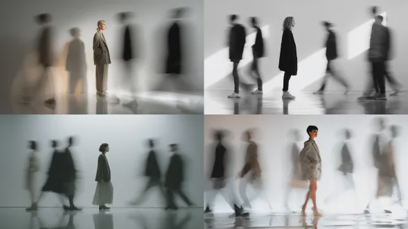 女性模特静止站立，此时一群幽灵般的人影从她身旁冲过，具有vogue杂志美学风格，氛围忧郁，采用编辑室灯光。柔和的白色背景，阴影轮廓横穿画面，女人周围有动态运动模糊。她微微避开镜头，平静、超然，穿着简约的服装（超大号西装外套，单色）。地板上有高光泽反射，具有艺术时尚摄影氛围，戏剧性的柔和渐变