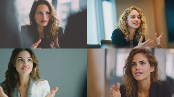 一位年轻职业女性自信交谈，手势专业，过肩拍摄视角，会议室环境，现代极简风格，由富士相机拍摄，浅景深，自然光，柔和色调，专注表情，商务着装，构图平衡，专业氛围，清晰细节