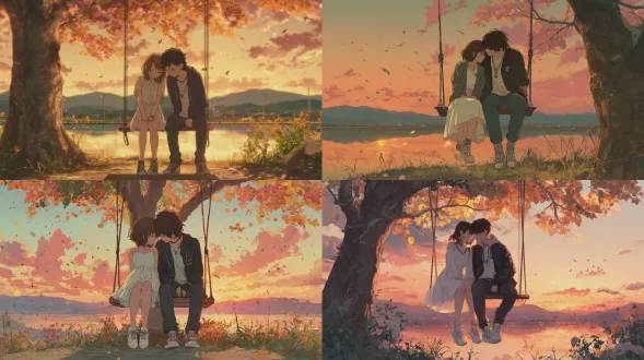 一对浪漫的动漫风格情侣紧紧地坐在一棵大树上悬挂的秋千上，正值金色的日落时分。女孩穿着白色连衣裙和白色运动鞋，而男孩穿着深色休闲装，配有夹克和项链。他们轻轻地将额头靠在一起，共享亲密、宁静的时刻。背景中有温暖的秋叶、附近湖泊中映照的炽热日落天空、远处的小山和飞翔的鸟儿。氛围宁静、情感丰富且极具浪漫色彩，光线柔和，是细致的2d动漫风格 artwork。