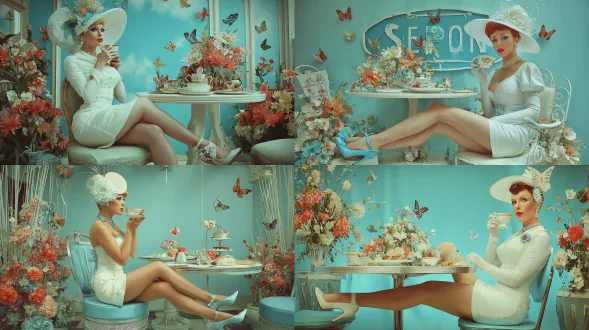 一幅迷人的纸艺卷曲作品，展现一位戴着白色帽子、身着白色连衣裙的优雅女士，她坐在一张周围环绕着鲜花与蝴蝶的桌子旁，正在喝咖啡。她脚上穿着高跟鞋。背景颜色应为纯白色。这是具有复古纸艺风格的剪纸艺术，带有3d效果
