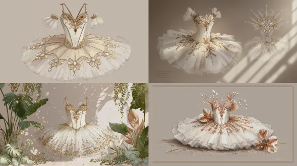简约时尚插画，描绘一件精致的芭蕾 tutu，受星象与其他塔罗牌元素启发，非色彩方面，呈现华丽且丰饶之感。一袭浓郁奶油白色紧身胸衣，饰有复杂的金色藤蔓与石榴刺绣，点缀梨形钻石镶嵌。 tutu 裙摆是多层白色与金色薄纱，带有贴布缝制的织物叶片和水晶露珠。一顶华丽的钻石珍珠头饰。繁茂如花园般的场景，带有温暖的文艺复兴绘画光线。线条简洁，单色系聚焦，置于中性背景上，风格化呈现，高级定制草图。高级定制草图。