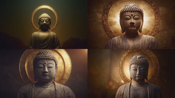 佛像，须弥山背景，头部后方有金色光环，肖像，对称构图，佛像位于中心，表情平静，双眼闭合，氛围宁静，暖色调，柔和光线，形象散发精神能量
