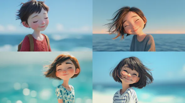 一位可爱的13岁亚洲女孩，头部微微倾斜，身体稍微侧向一边，短发，她的头发在阳光和微风中飘动，开心地微笑着。整体背景颜色是浅蓝色的大海，3d皮克斯风格，肖像，用cinema 4d制作，8k分辨率