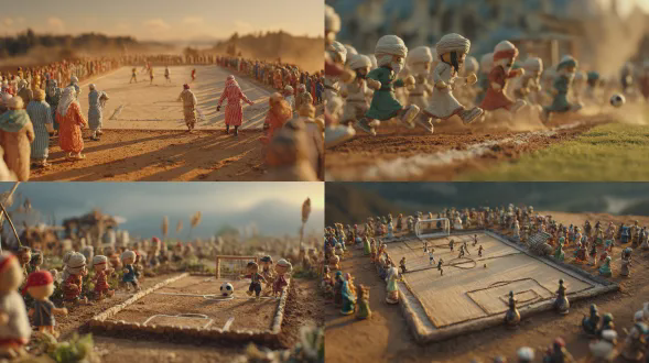 电影感定格动画。日落时分，高角度无人机镜头俯视位于埃及绿色乡村农田中央的尘土飞扬的临时泥土足球场。身着传统埃及长袍和头巾的微小粘土人偶人群在 sidelines 欢呼，扬起尘土。球场上的球员也穿着色彩鲜艳的长袍。温暖的黄金时刻光线。手工粘土质感