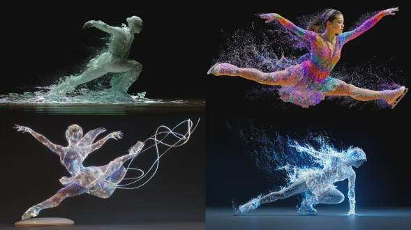 全息投影花样滑冰者，高斯飞溅风格，但具有真实摄影现场动作质量