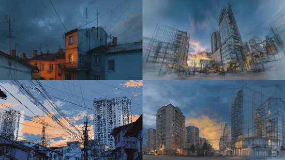 超现实城市景观，部分建筑精细写实，部分溶解为线条草图，黄昏天空，半成品世界感，现实仍在建造中，对角线构图，广角镜头，戏剧性侧光，蓝橙色调，褪色草图效果，未完成感，孤独与期待情绪。
