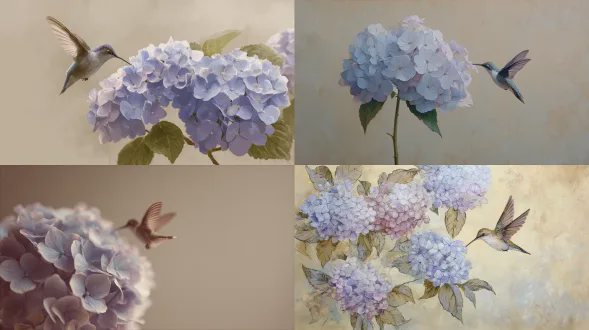 一只蜂鸟悬停在半空中，轻柔地从绣球花花簇中啜饮花蜜。绣球花是主体，饱满而优雅，带有柔和的柔和色调（浅蓝、淡薰衣草色、柔和的粉红色），精致的花瓣，细节把控得当。蜂鸟是次要的，精致优雅，翅膀略有模糊以表现动感，姿态优雅。背景是温暖的米白色/柔和象牙色中性墙壁，微妙的色调变化，光滑的哑光表面，画廊风格的背景。简约、精致的构图突出花朵；平静、沉思的氛围。现代清洁油画风格，笔触可控，可见但精致的纹理，不杂乱，没有厚重的厚涂。当代艺术海报美学，优雅的色彩和谐，柔和的工作室灯光，柔和的阴影。无写实主义，无数字插画感，无厚重纹理，无杂乱，无额外物体，无文字，无标志