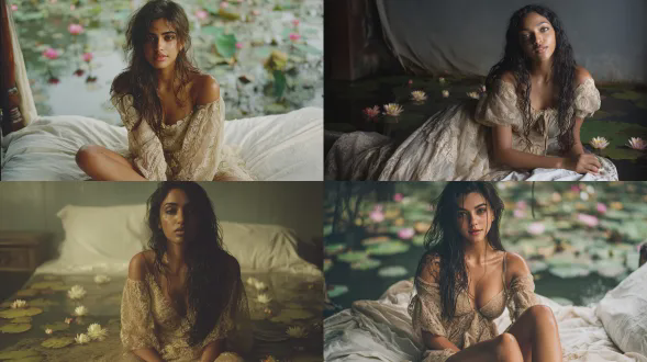 一位印度裔巴黎模特，身着米色蕾丝滑肩连衣裙，长发呈凌乱造型，不施粉黛，肌肤清新有光泽，神情平静，坐在铺有白色床单的凌乱床沿，床半陷半浮在喀拉拉邦满是睡莲的回水中央，光线阴沉柔和，神情平静，采用电影摄影手法，呈现高分辨率编辑风格，由盖伊布尔丁拍摄