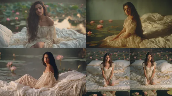 电影摄影手法，高分辨率编辑风格，盖伊布尔丁拍摄，印度高种姓模特，20岁，米色蕾丝滑肩连衣裙，凌乱长发，素颜清新肌肤，神情平静，坐在凌乱白色床单的床沿，床半陷半浮，喀拉拉邦回水中央，睡莲环绕，阴沉柔和光线，广角镜头，浅景深，自然光，宁静情绪，柔和色调。